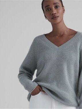 Club Monaco Cashmere V-Neck Ribbed Sweater - Blue/Grey